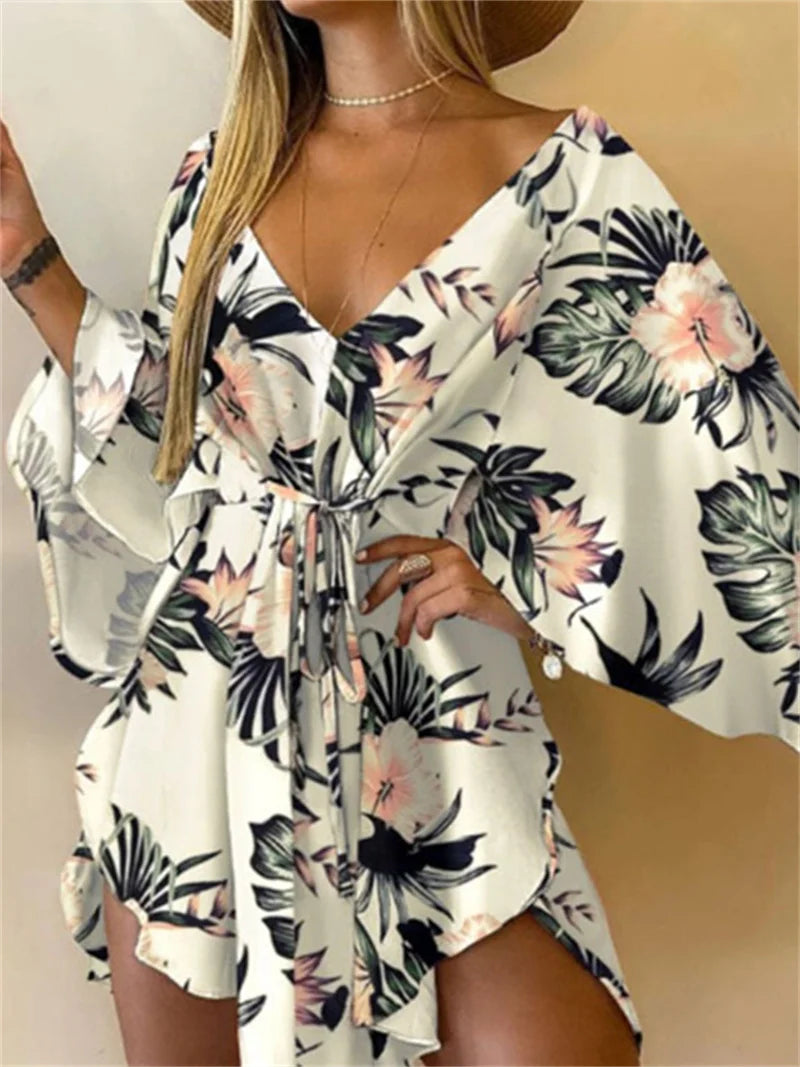 Women Print Dress Sexy V-Neck Bat Sleeve Ruffl Flowers Print Bohemian Beach Sundress Ladies Loose Summer Vacation Mini Dresses