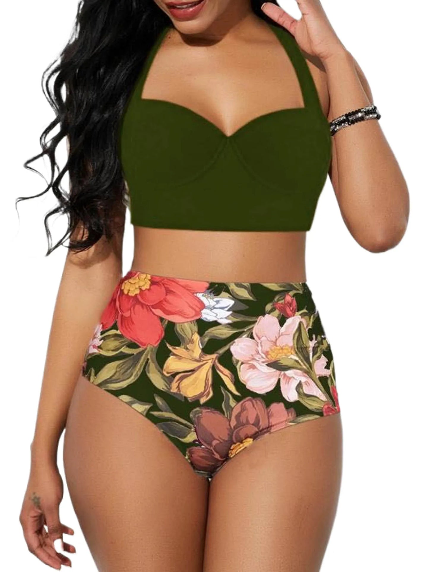 Women Push Up Bikini Set Summer Sexy Slim Flower Print Female High Waist Swimming Suits