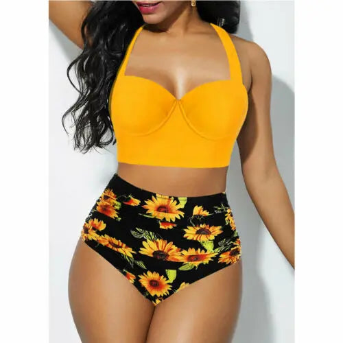 Women Push Up Bikini Set Summer Sexy Slim Flower Print Female High Waist Swimming Suits