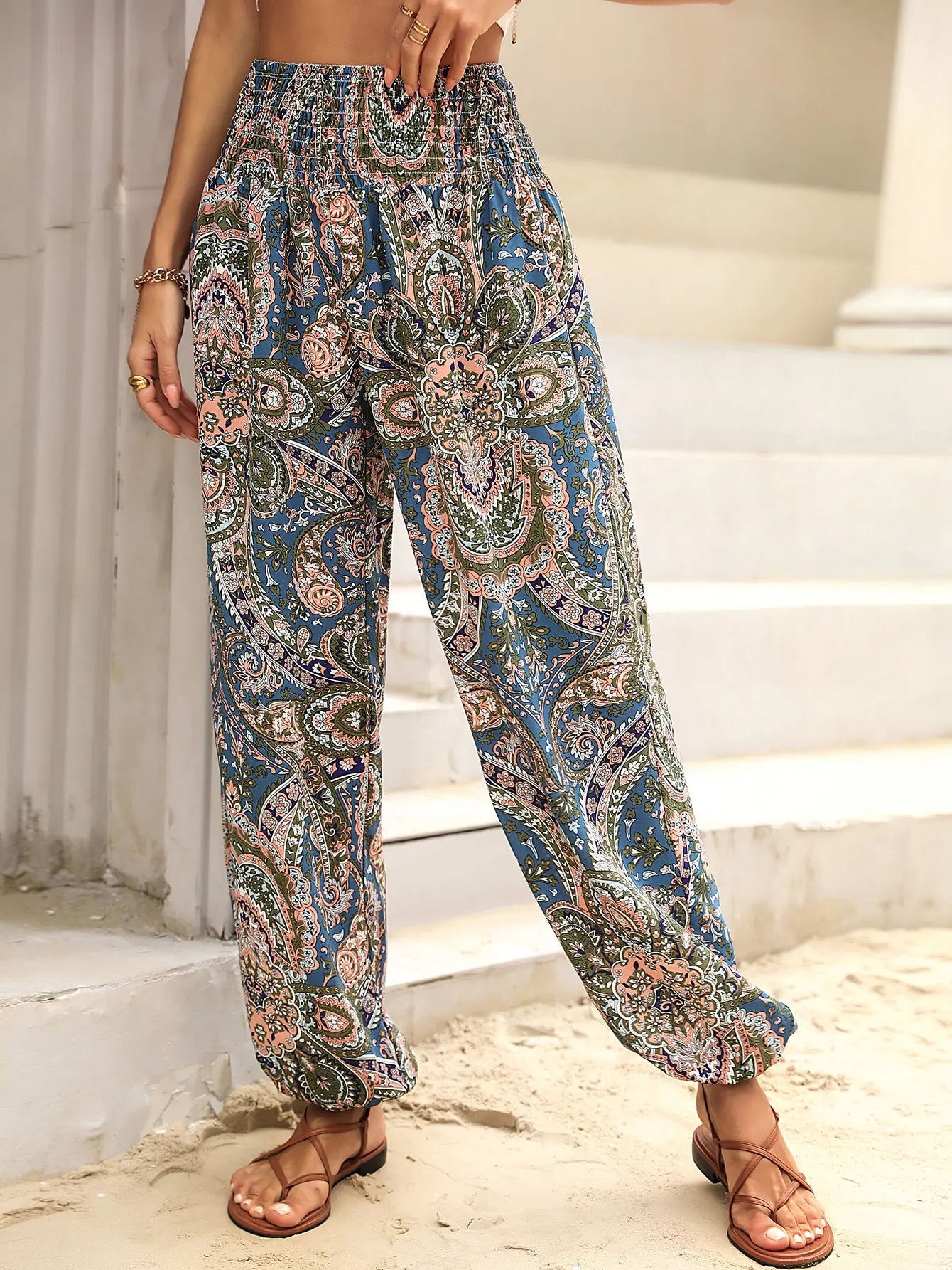 Women's Casual Summer Harem Pants Floral Beach Pants High Waist Boho Pants with Pockets