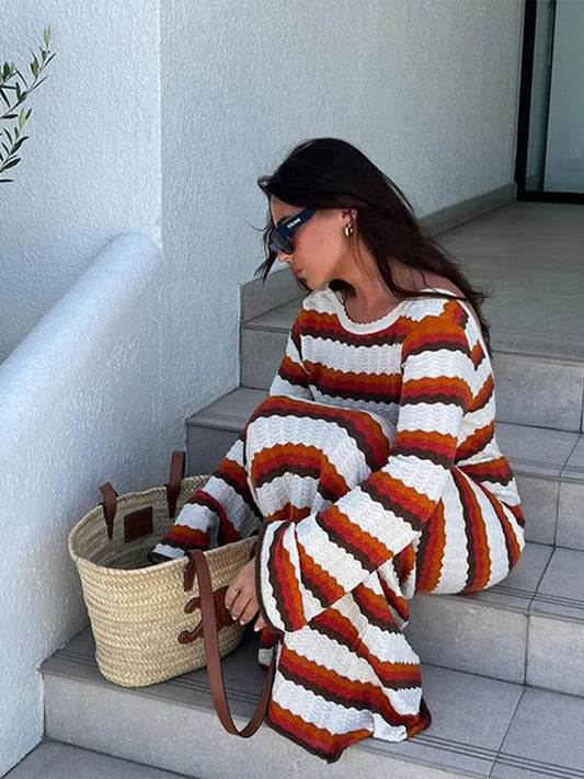 Women's Cotton Knitted Bodycon Backless Dress Striped Hollowed Out Flared Sleeves Ruffle Vestidos O-neck Vacation  Wave Cut Robe