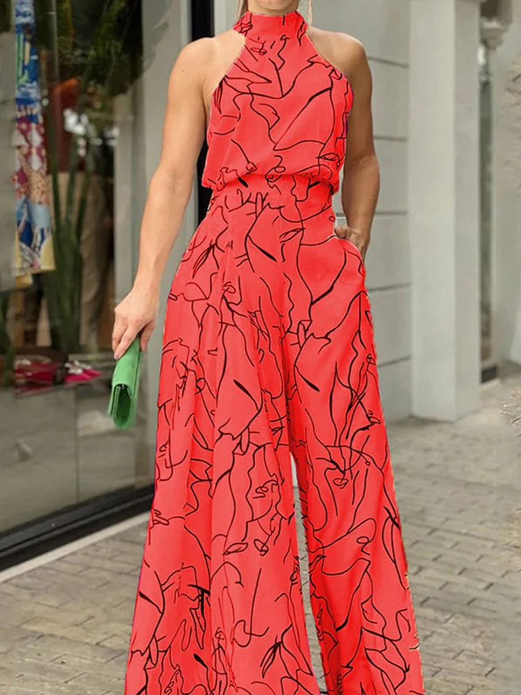 Women's Elegant Waist Halter Jumpsuit Casual Print Tie Sleeveless Wide Leg Long Pant Summer Clothing