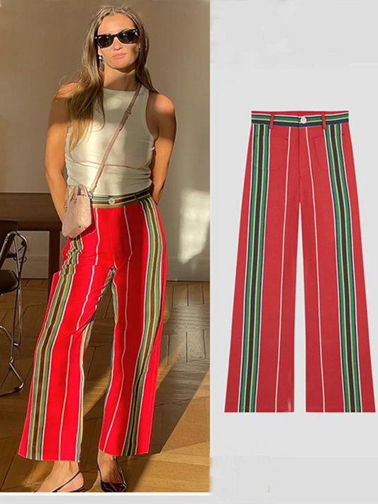 Women's Striped Straight Pants Colors Print Wide Trousers With Zipper Female Casual Pockets High Waist Pant 2024 New Commuting