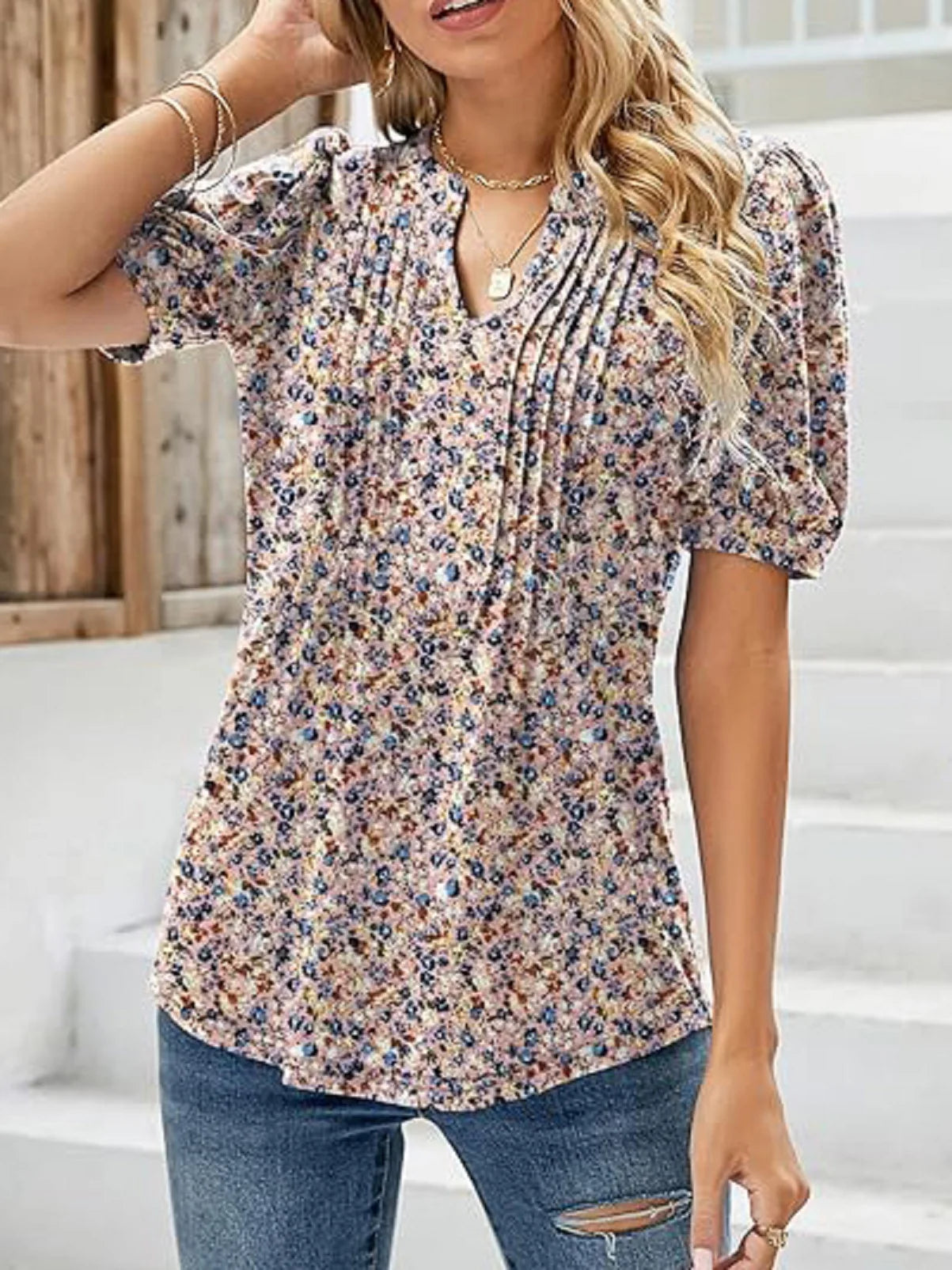 Womens Tunic Tops V Neck Shirts Short Sleeve Summer Puff Pleated Casual Blouses Puff Pleated Work Blouse Fashion Tops