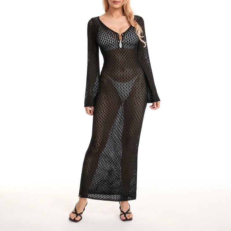 Yiiciovy Sexy Women Long Knit Beach Dress Hollow-Out Deep V-Neck Long Sleeve Bikini Cover-Ups Dress Fall Backless Holiday Dress