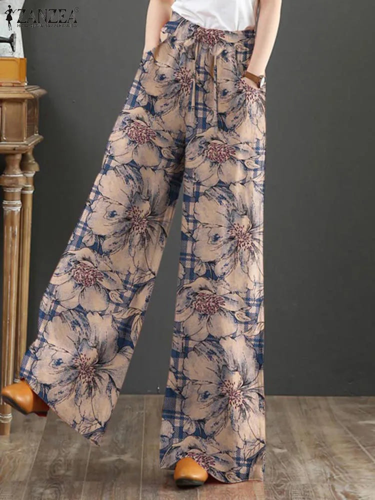 Bohemian Floral Printed Pants Autumn Fashion Wide Leg Pant Woman Casual Cotton Long Trousers Vintage Elastic Palazzo 2023