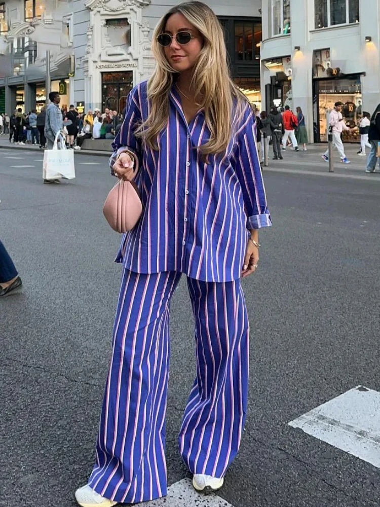 Women's Oversized Striped Shirt Pants Suit Lapel Long Sleeves Top High Elastic Waist Pockets Straight Leg Pant Female Set