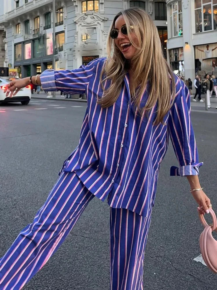 Women's Oversized Striped Shirt Pants Suit Lapel Long Sleeves Top High Elastic Waist Pockets Straight Leg Pant Female Set