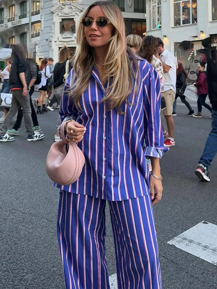 Women's Oversized Striped Shirt Pants Suit Lapel Long Sleeves Top High Elastic Waist Pockets Straight Leg Pant Female Set