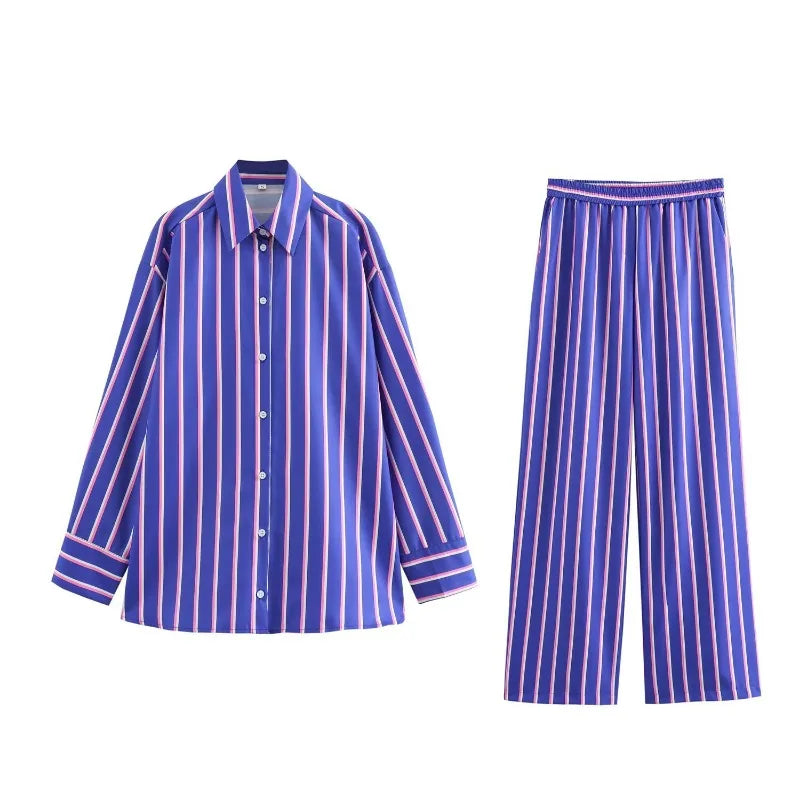 Women's Oversized Striped Shirt Pants Suit Lapel Long Sleeves Top High Elastic Waist Pockets Straight Leg Pant Female Set