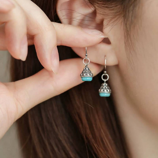 S925 Silver Turquoise Inlaid Wanfo Pendant, Ear Hook Earrings Women's New Tibetan Style Earrings