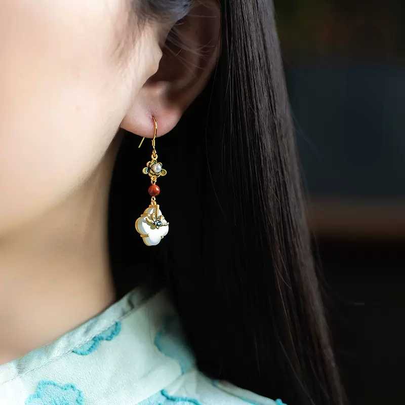 White Jade Clover S925 Silver Earrings with Oriental Classical Paintings, Southern Red Enamel Painted Earrings