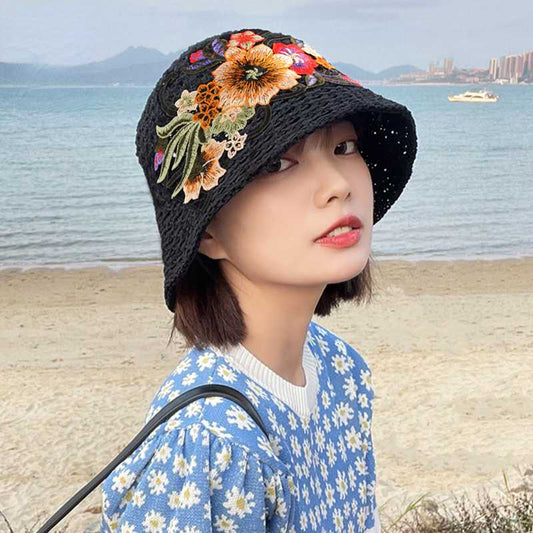 Ethnic embroidered flowers in summer breathable hollow sunscreen fisherman hat female sunshade Joker bucket hat Sun basin hat