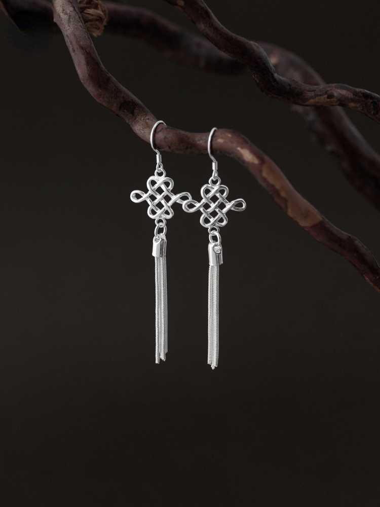 S925 Silver Art Retro Knot Tassel Earrings Elegant Bride Ethnic Style Ear Clip