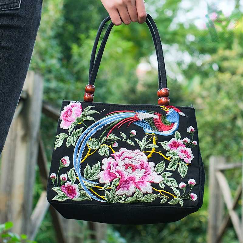 Ethnic Style Embroidered Bags for Women's Handheld Embroidery with Two Zippers Canvas Leisure Bags