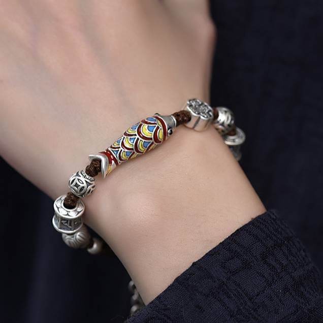 New Fashion Enamel Koi Bracelet Men's and Women's Retro Ethnic Style Woven Shore Hand Rope