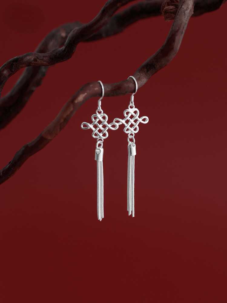 S925 Silver Art Retro Knot Tassel Earrings Elegant Bride Ethnic Style Ear Clip