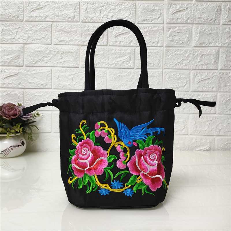 Ethnic style embroidered bag, embroidered canvas bag, mobile phone change, drawstring small bag, women's bucket bag