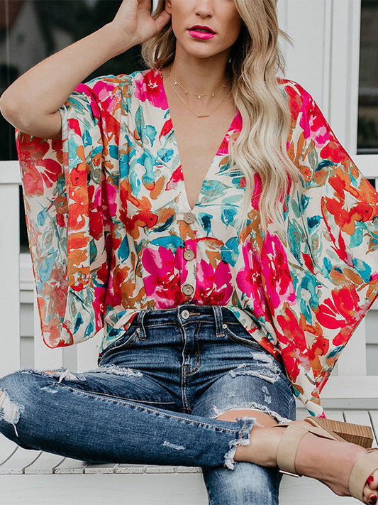 Large and Medium Sleeve V-neck Loose Printed Chiffon Shirt