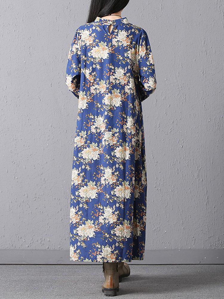 Casual Loose Floral Printed Stand Collar Women Dresses