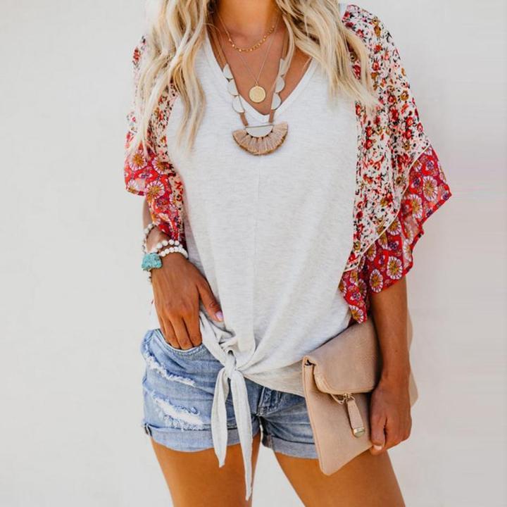 Boho Printed Geometric Irregularity Short-Sleeved Blouse Tops