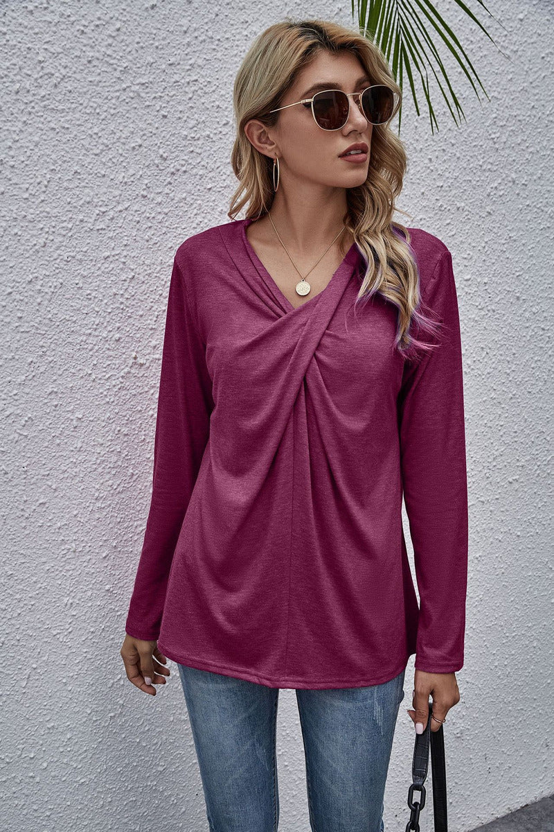 Solid Color V-neck Twisted Long-sleeved T-shirt Spot