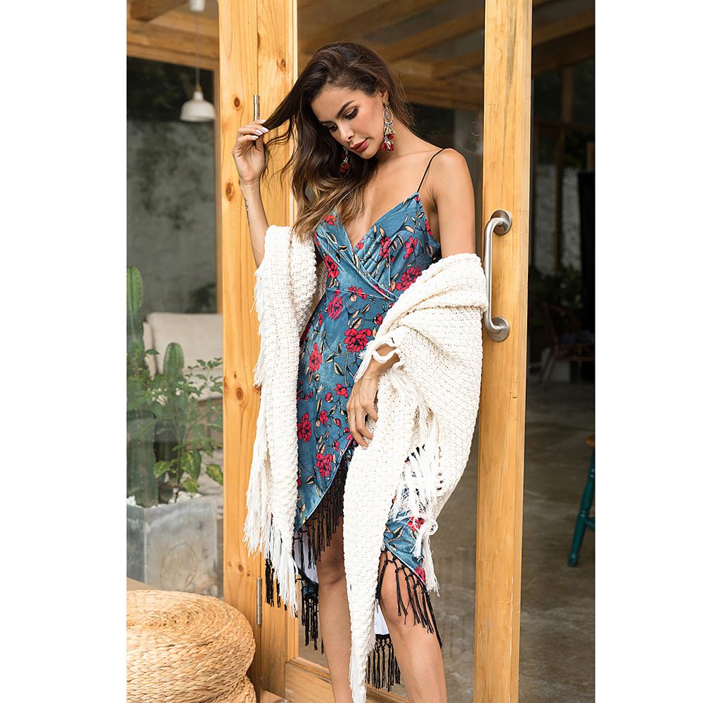 Bohemian Sexy Irregular Sling Halter Tassel Printed Velvet Female Dress Floral