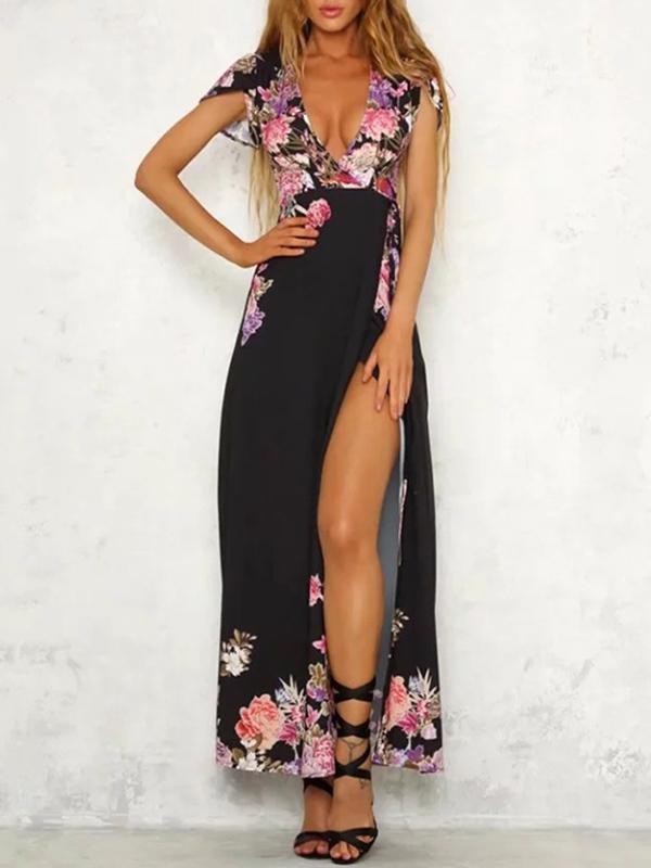 Deep V-neck Floral Split-side Maxi Dress