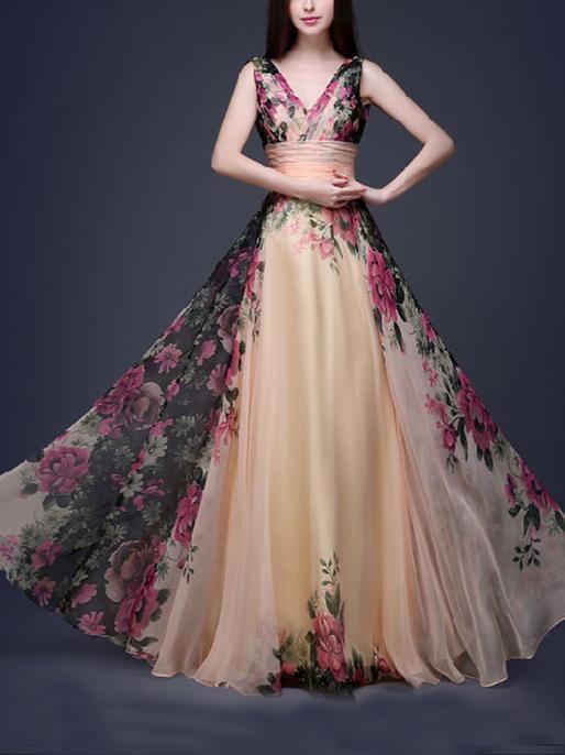 Printed Sleeveless Floor Evening Dress