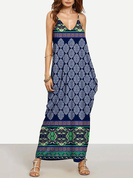 Fashion Navy Blue Bohemia Spaghetti Straps V Neck Maxi Dress