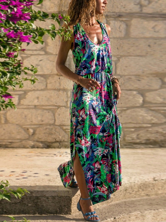 Summer Women Fashion Sexy Causal Elegant Sleeveless Floral Hollow-out Back Maxi Dress