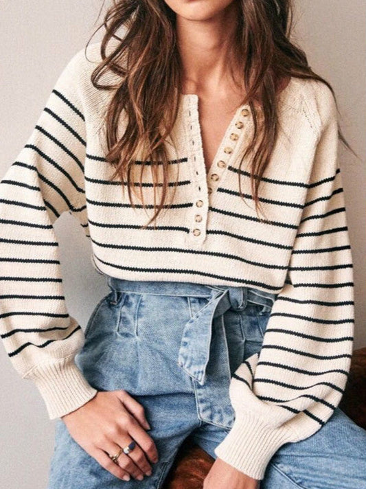 Black and White Striped T-shirt Button Round Neck Bubble Sleeve Top Women's Loose Long Sleeve Sweater