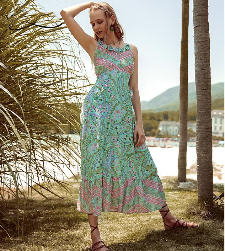 Bohemian Paisley Floral Boho Backless Spaghetti Strap Dress