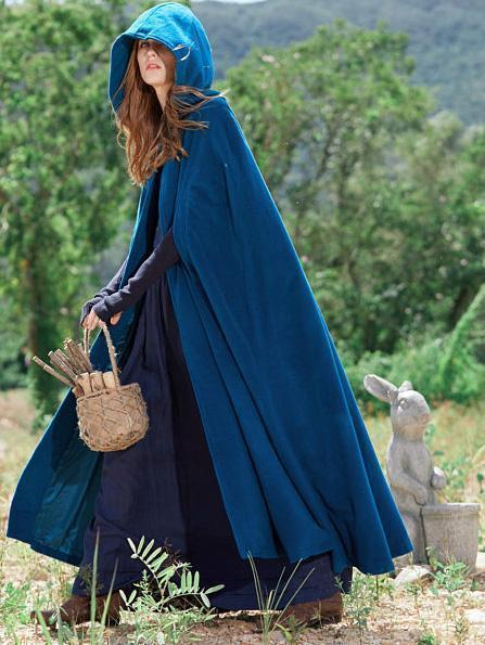 Blue Hooded Cloak Trench Cape Outwear