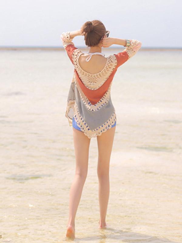 Beach Vacation Hollow 3/4 Sleeve Mask Cover-ups