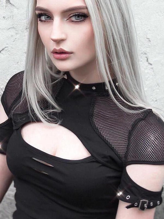 Women Casual Punk Gothic T shirts Chic Summer Slim Mesh Hole Rivet Sexy Club Black Tops