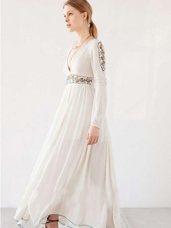 Bohemia Inwrought Long Sleeve V Neck Side Split Beach Long Dress