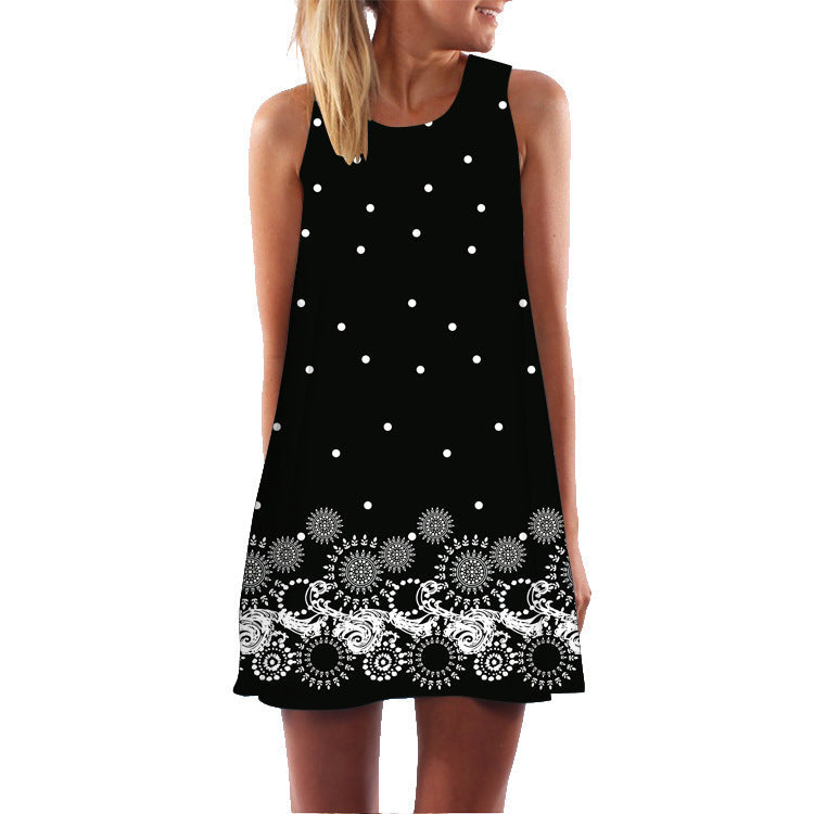 Summer New Style Retro Art Print Round Neck Pullover Sleeveless Dress