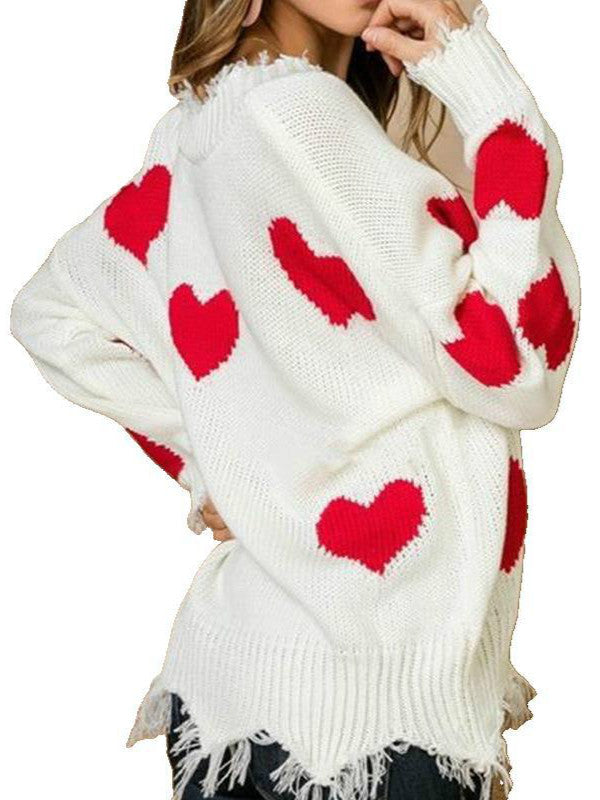 Christmas Sweater Love Splicing V Turtleneck Sweater Women's Loose Pullove