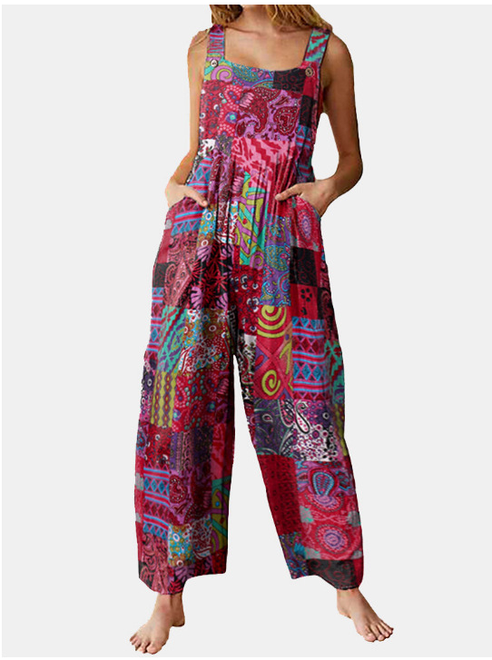 Women's loose print side pocket strap jumpsuit