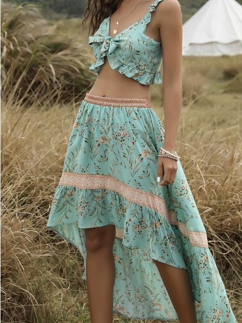 Beach Holiday Top + Skirt Bohemian Women's Two-Piece Suit