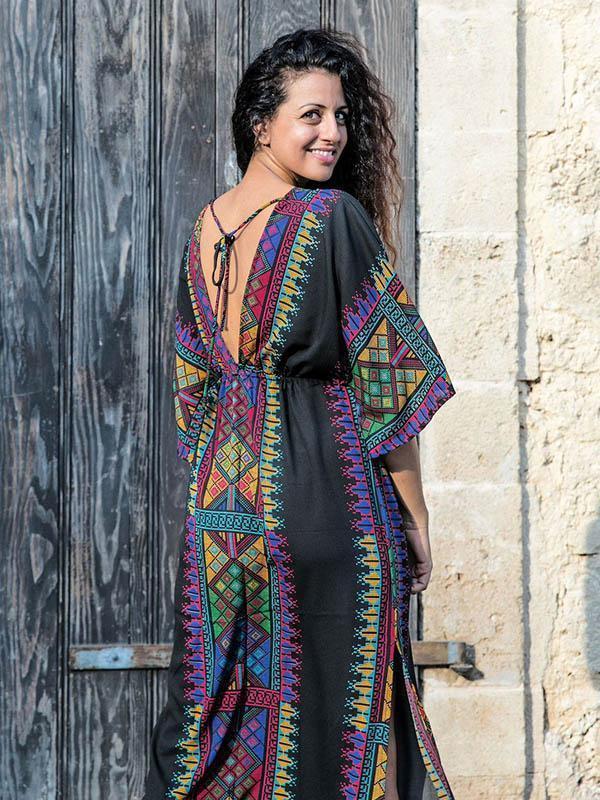 Bohemia Deep V Neck Split-side Elastic Waist Kaftan Beach Dress