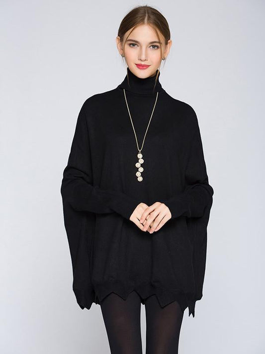 Pretty High Collar Long Sleeve Loose Wave Hem Sweater Tops