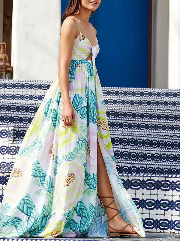 Print Spaghetti Strap Split Bohemia Maxi Dress