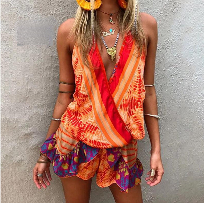 Summer Print Sweet Ruffle Deep V Neck Jumpsuit Women Summer Sexy Beach Casual Jumpsuit