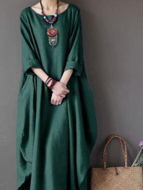 Loose T-neck Middle Sleeve Long Dress for European and American Ladies