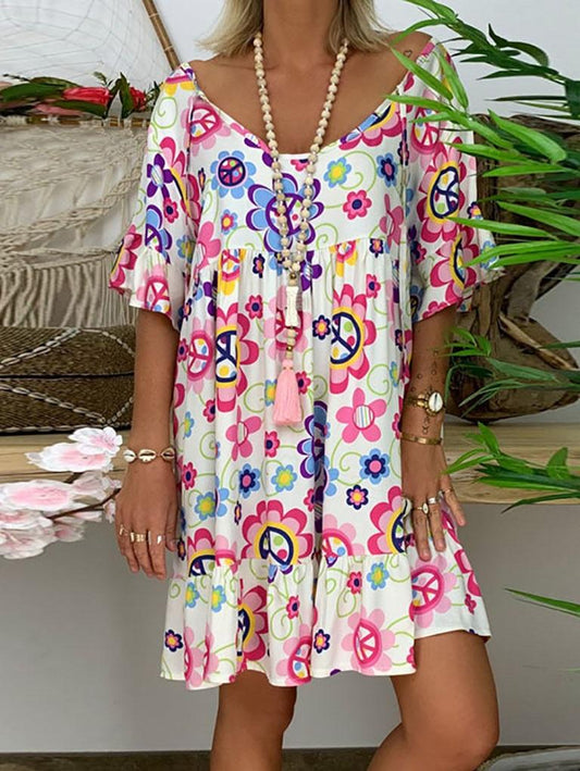 Bohemian Loose Flower Print Short-sleeved Ruffled Summer Mini Dress