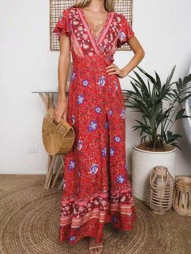 Boho Lace-up V-neck Printed Maxi Dresses