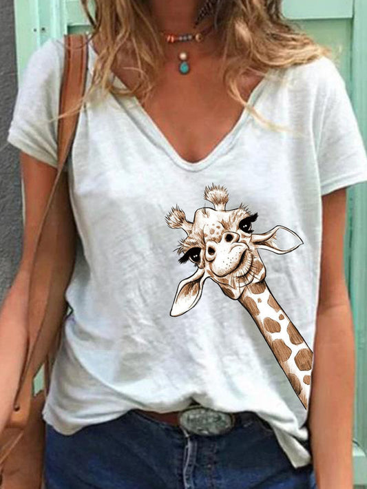 Women Simple Animal Printed V Neck Short Sleeve Tops