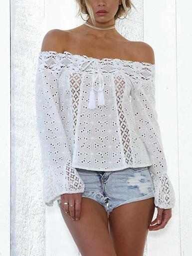 Lace Off Shoulder Flared Sleeves Cover-Ups Tops